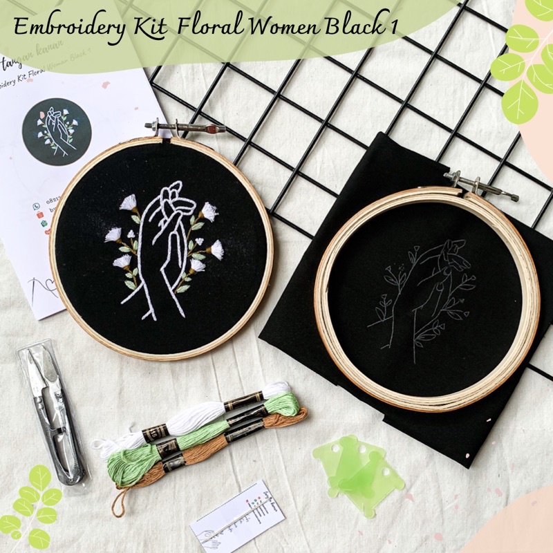 Embroidery Kit Floral Women Black Edition - Paket sulam benang lengkap