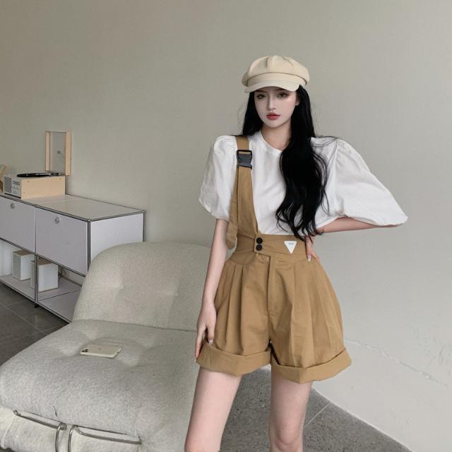 Suhao Celana Bib Wanita High Waist Longgar Korea Tidak Teratur Satu Tali Bahu One-Piece Suit Lebar Kaki Lurus celana Pendek Kasual Celana