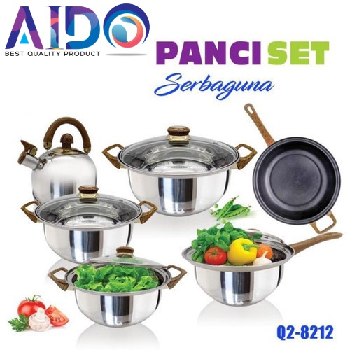 Panci Wajan Teko set 12pcs Stainless steel with tutup kaca merk Q2 PANCI SET SERBAGUNA