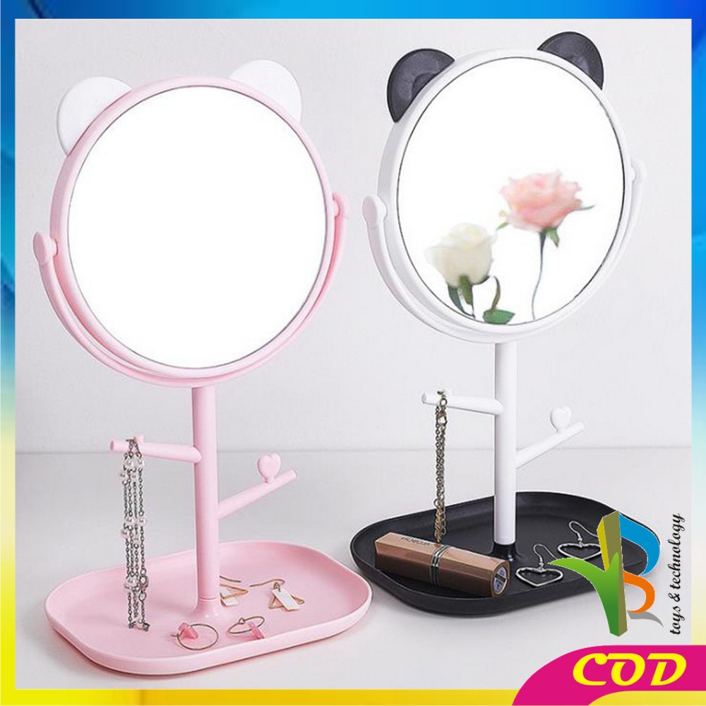 RB-K91 Cermin Motif Telinga Panda Serbaguna / Kaca Meja Rias Bulat Lucu / Standing Mirror Makeup Desktop Rotating Multifunction