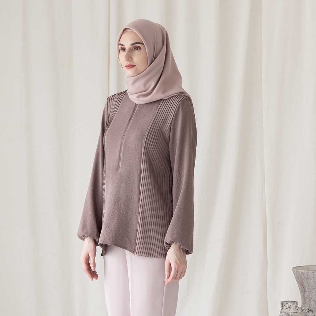 Asmara by Aska Label - atasan wanita plisket blouse wanita pleats bahan crinkle warna lilac, pink mauve, coklat mocca