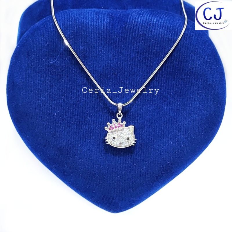 Kalung Perak Asli Silver Wanita Dewasa 925 Lapis Emas Putih Model Liontin Hellokitty Queen - Perhiasan Perak Asli