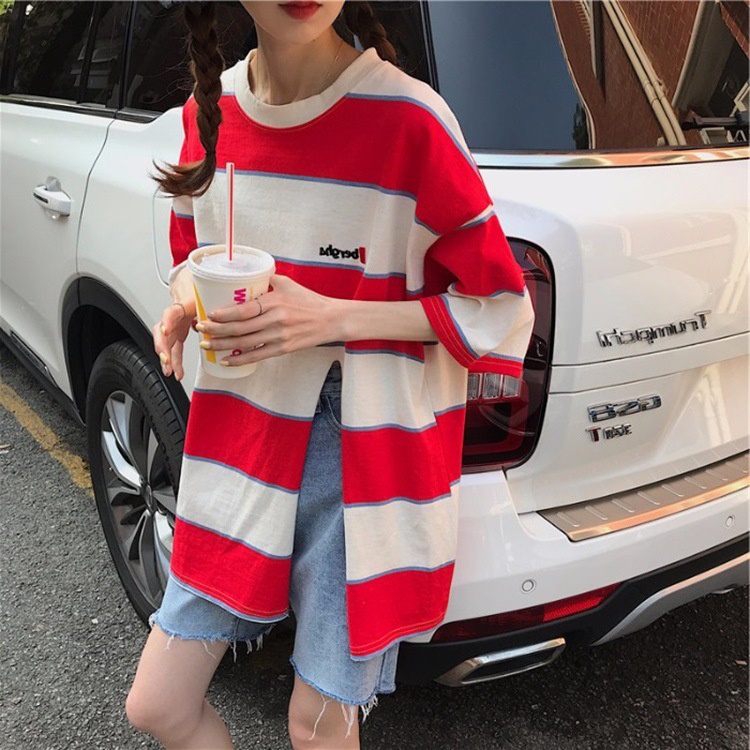yikoo-T-shirt bergaris Korea kaos setengah lengan atasan belahan samping wanita