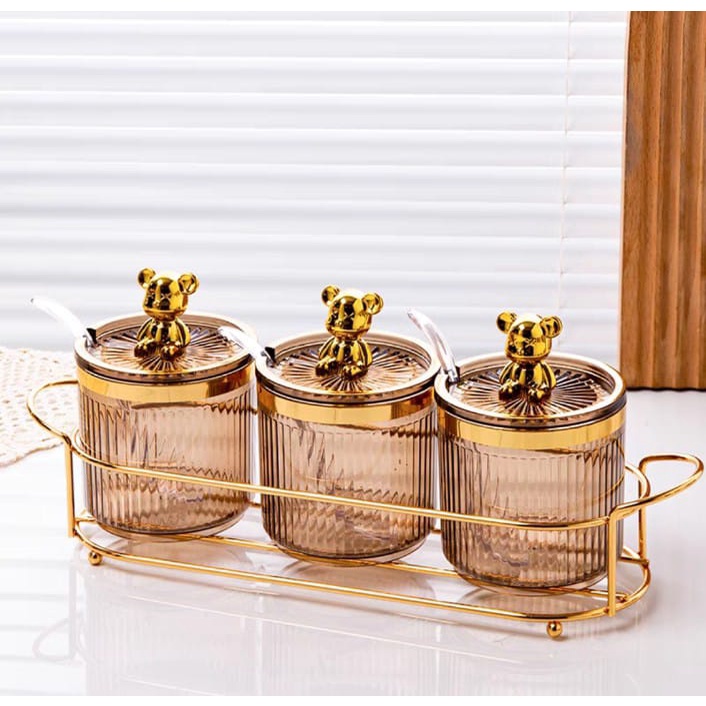 Tempat Bumbu Bear Gold 3 In / STR / Tempat Bumbu / Bear Seasoning Jar Tempat Bumbu 3 Piece With Tray Transparant / Keranjang  Tempat Penyimpanan Bumbu / Tempat Bumbu