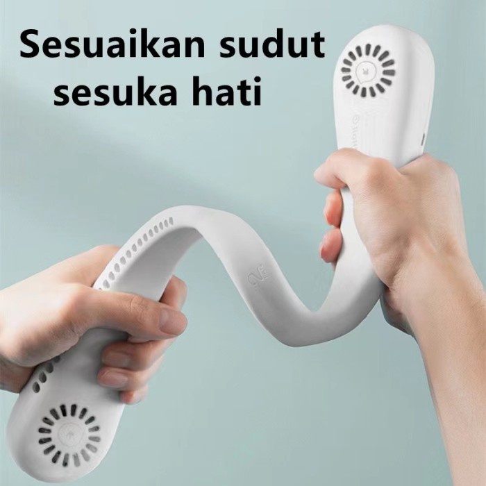 KIPAS ANGIN LEHER PORTABLE HANGING NECK FAN USB RECHARGEABLE READY - Putih