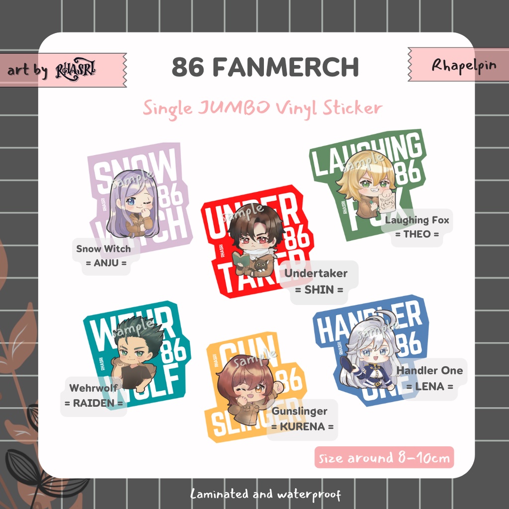RHASRI Single Stickers - Stiker Laptop/ Journal / Bottle 86 Eighty Six Fanmerch Shin Undertaker Lena