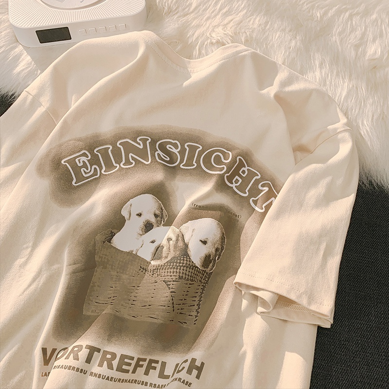 100% Katun Graphic Tee Baju Wanita Dog and Letter Atasan Wanita Oversize Kaos Putih T-shirt Couple Korean Style/Baju coklat