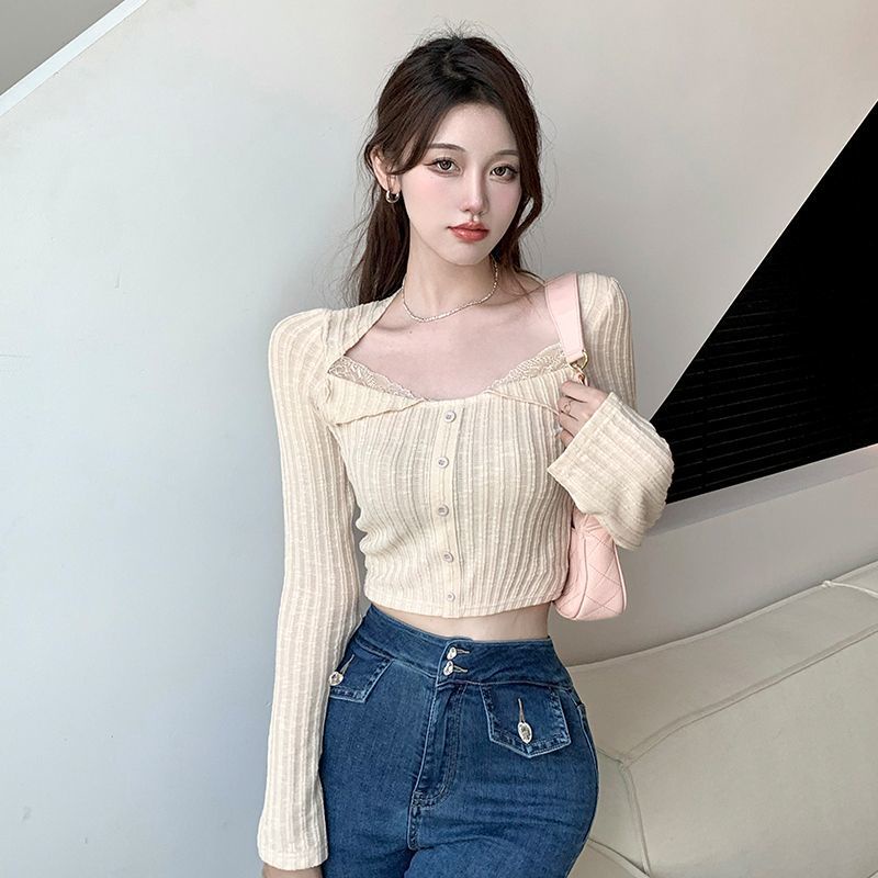 ✆Suhao SUCHCUTE Keinginan Murni Renda Jahitan Leher Persegi Navelless Lengan Panjang T-Shirt Wanita Slim Pinggang Tinggi Slim Panas gadis Top