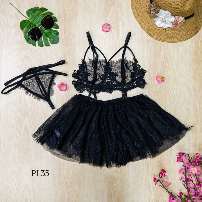 LINGERIE SEXY NIGHT GOWN BAJU TIDUR WANITA DEWASA LACE HITAM PL35 KUALITAS BERKELAS