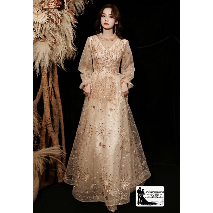 Gaun gold / Dress gold / Gaun gold panjang / Dress gold kekinian