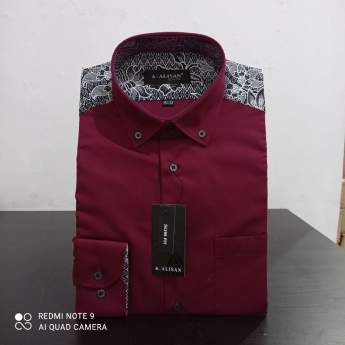 Diskon Kemeja Alisan Slim Fit Maroon Kombinasi Batik Lengan Panjang