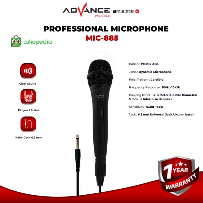 ADVANCE MIC885 / MIC-885 Single Microphone Kabel MIC Karoeke