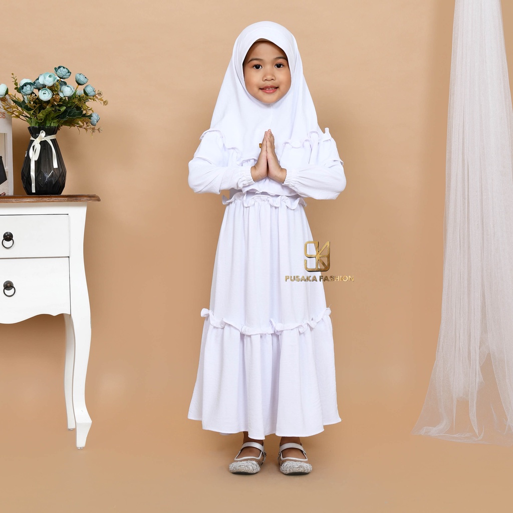 JIRA baju gamis syari anak perempuan cringkle fashion muslim terbaru  FREE hijab khimar modern dres stelan kerudung serut susun 4 - 9 tahun manasik mengaji maulid nabi warna putih tulang hitam bata lilac lemon pink fuchia moca sagr green olive kekinian