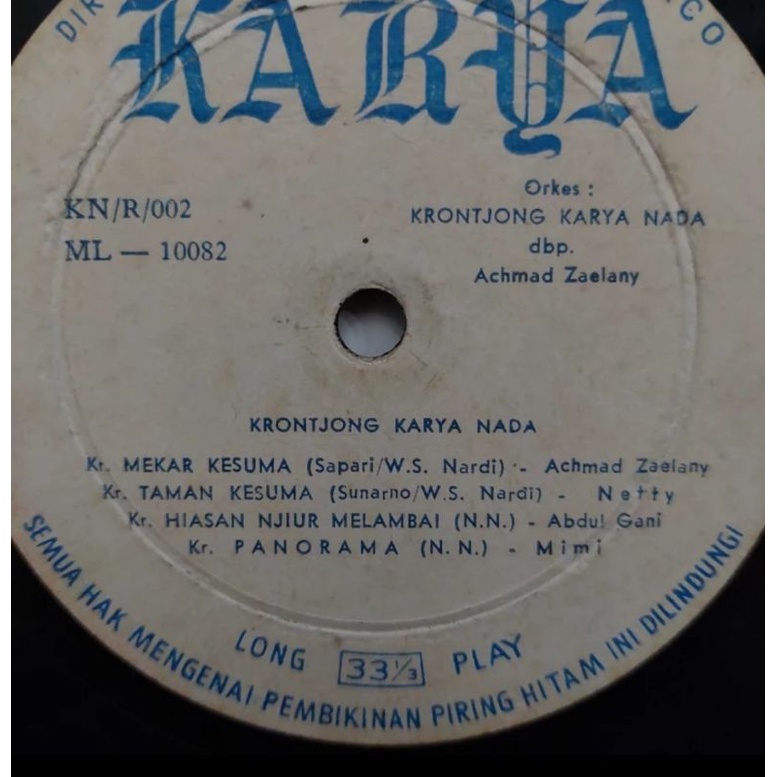 Vinyl Piringan Hitam 10 inch Krontjong Karya Nada Keroncong A. Zaelany