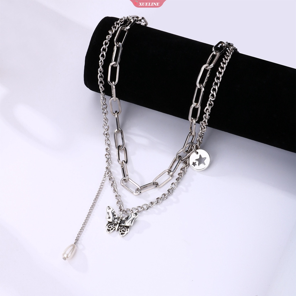 Fashion Mutiara Kupu-Kupu pentagram Liontin Pria Dan Wanita Rantai Samping Gaya hip-hop double-layer Rantai Grosir [ZXL]