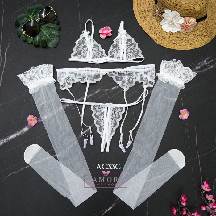 SABUK PAHA + BH CD SEKSI BRA SET + STOCKING SEXY PUTIH AC33C HIGHT QUALITY