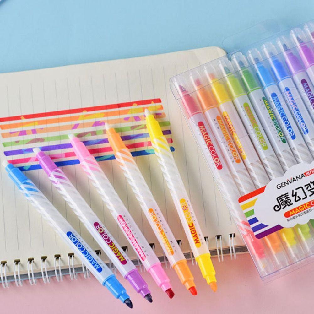 Preva 12warna/Set Fluorescent Marker Stationery Magic Paint Pen Berubah Warna Stabilo Pen Set