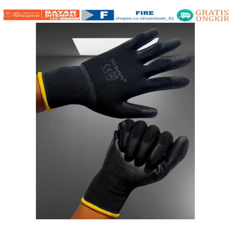 Sarung Tangan Statis Multitask Karet Palm Fit Ukuran S,M, L, XL Proyek Satpam Anti Slip Hitam Black Hand Gloves Mekanik Montir Berkebun Tukang Telapak Tangan dilapisi karet Bahan Nylon Polyester Elektronik Assembly