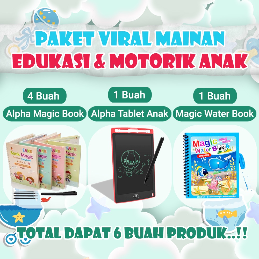 Paket Viral Mainan Edukasi dan Motorik Anak,  4 Magic Book, Tablet LCD Drawing, Book Water magic