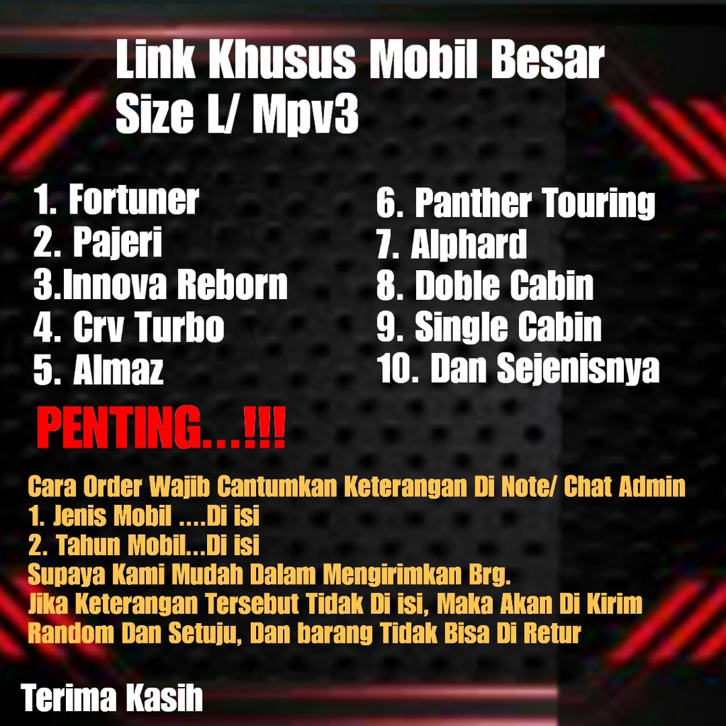 Cover Mobil Pajero/ Cover Mobil Fortuner/ Cover Mobil Innova Reborn (Baru)/ Cover Mobil CR-V Turbo/ Cover Mobil Alphard/ Cover Mobil Wuling ALMAZ, Cover Mobil Isuzu MUX/ Cover Mobil Santa FE New/ Cover Mobil Doble Cabin/ Cover Mobil Single Cabin/ DLL