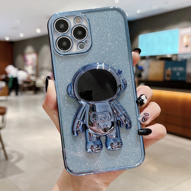 IPHONE Luxury Astronot Electroplated Transparan Kickstand Cover Case Untuk Iphone11 12 13 14 Pro Max XS X XR 78 Plus Se2020 22 Sarung Kickstand Mini Glitter