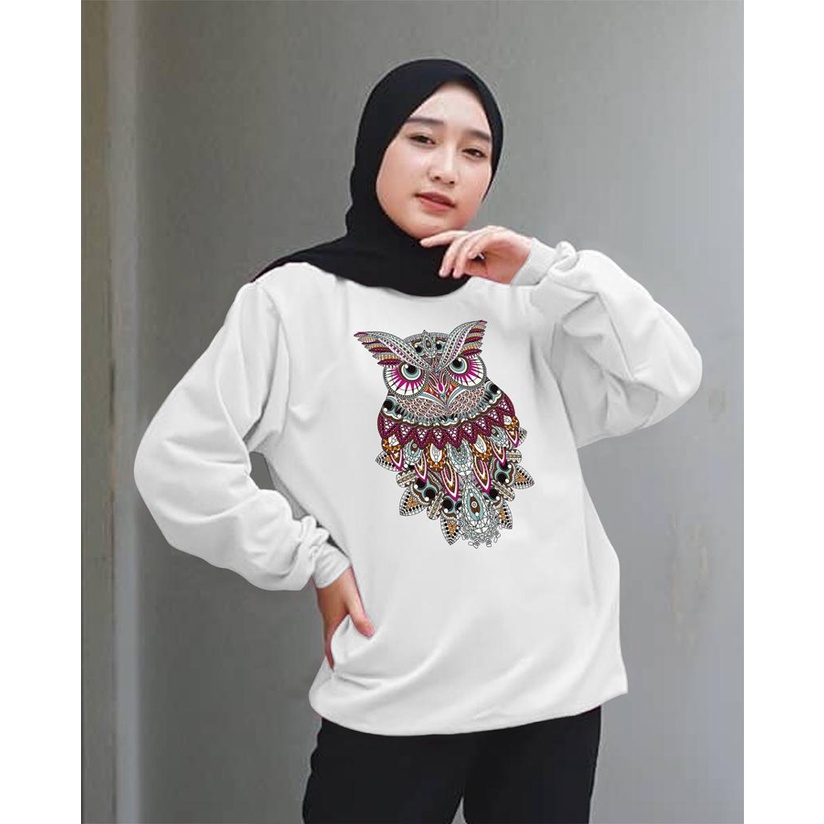 Kaos Lengan Panjang DTF OWL BATIK / Kaos Sweatshirt / Atasan Wanita / Atasan Wanita Lengan Panjang