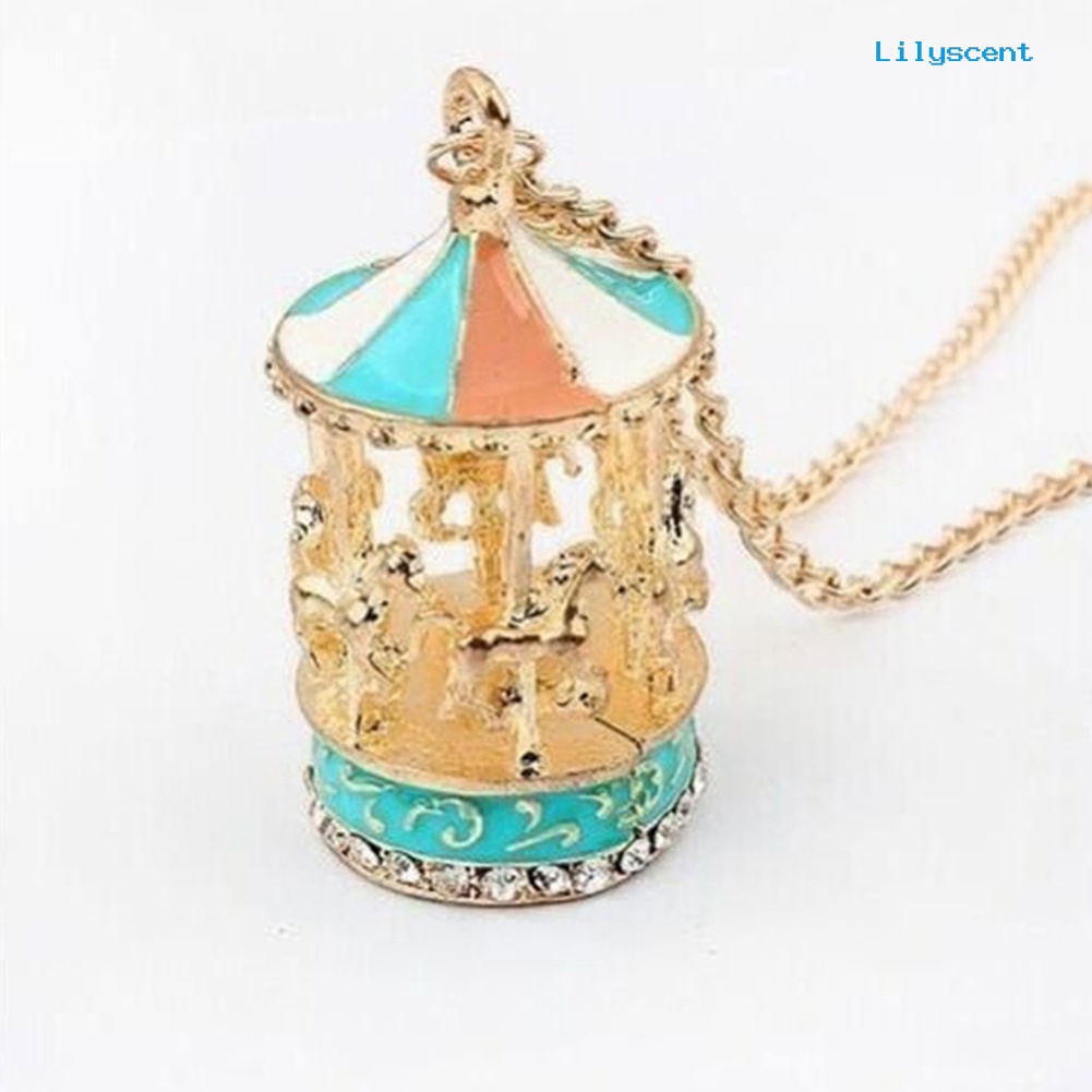 [LS] Wanita Enamel Carousel Merry-Go-Round Charm Liontin Kalung Rantai Hadiah