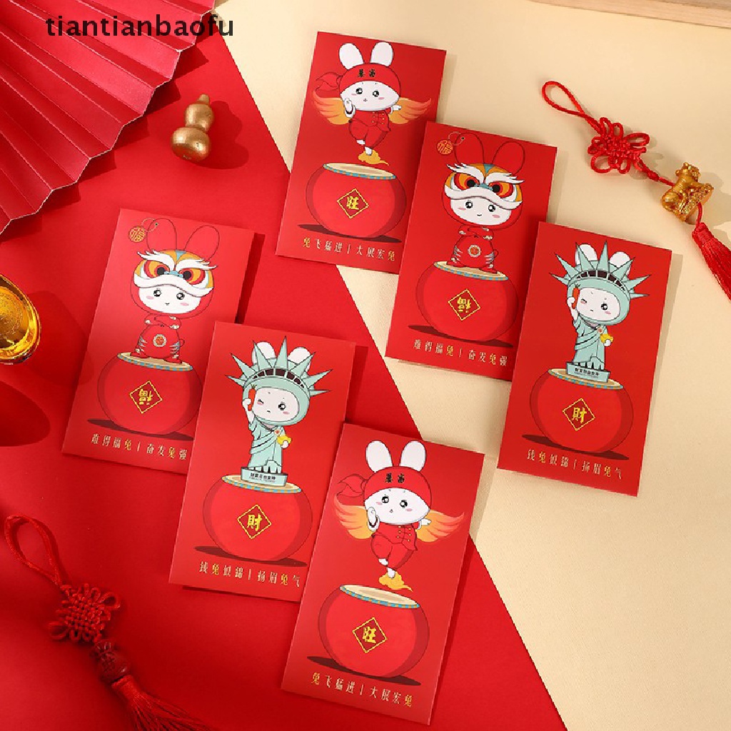 [tiantianbaofu] 6 Pcs 2023tahun Kelinci Amplop Merah Imlek Amplop Merah Amplop Uang Keberuntungan Paket Merah Hong Bao Untuk Butik Festival Musim Semi