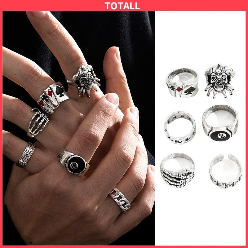 COD 6PCS/Set Cincin Unisex  Punk Membesar-besarkan  Badut Poker Cakar Hantu Tengkorak  Perhiasan Bulat Nomor 8-Totall