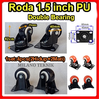 Roda PU 1.5 inch + Double Bearing (1set:2H+2Mati) caster Troli 1.5&quot;