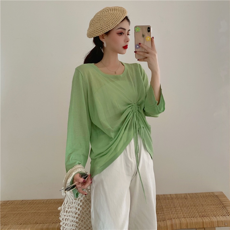 yikoo-Fashion kaos lengan panjang blouse serut atasan wanita tipis