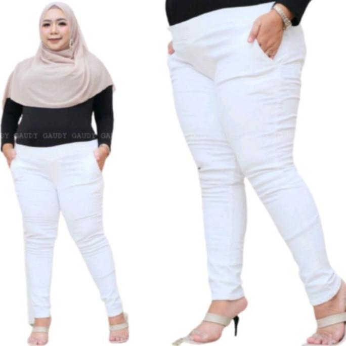 Celana Jeans Putih Wanita Jumbo Legging Jeans Pinggang Kolor Jumbo