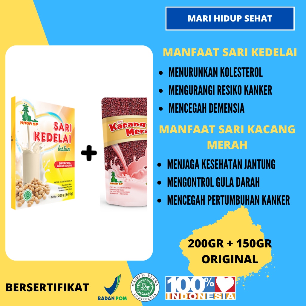 

EXTRA HEMAT / Minuman Serbuk sari kedelai 200 Gram + Soya Sari Kacang Merah 150 Gram Naga SP