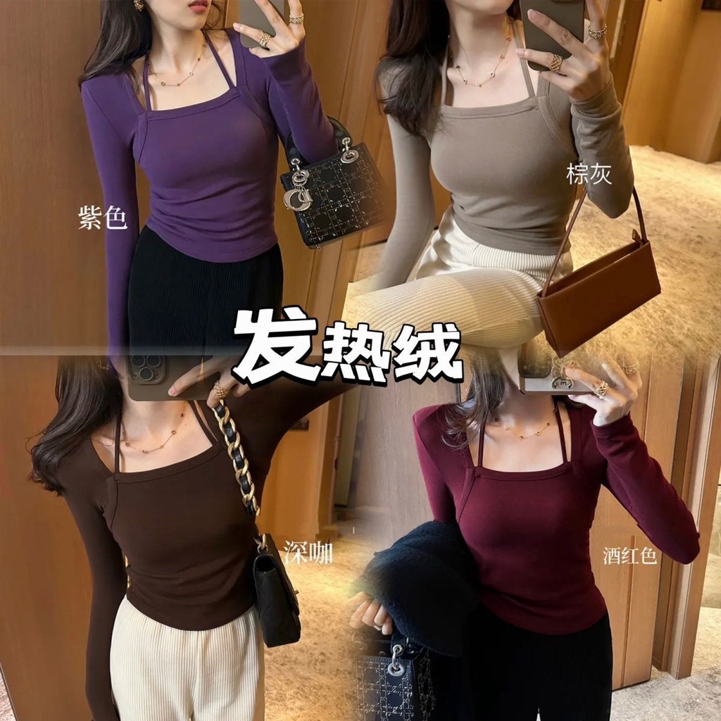 ❁Suhao Halter Neck Brushed Fleece Fleece Menebal Desain Atas Bawah Pakaian Luar Musim Dingin 2022 Tampilan Baru Tipis Serbaguna Gadis Panas Tren