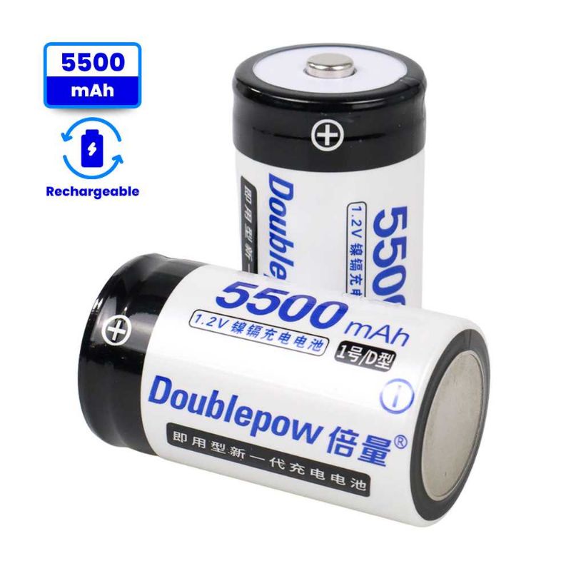 DOUBLEPOW Baterai Cas D Rechargeable Button Top 1.2V 5500mAh 2 PCS LR20