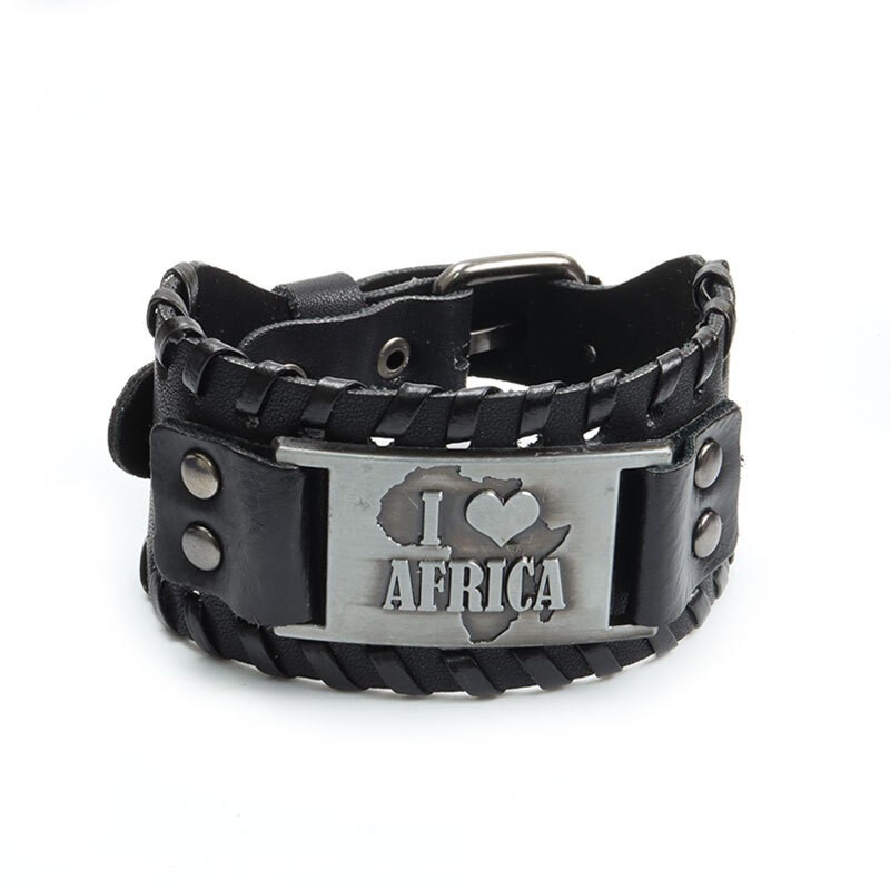 [Z H Jewelry] Viking Fashion Pria &quot;I LOVE Africa&quot; Gelang Stainless Steel Anyaman Kulit/Aksesoris Perhiasan Pesta 18.5CM~21.5CM