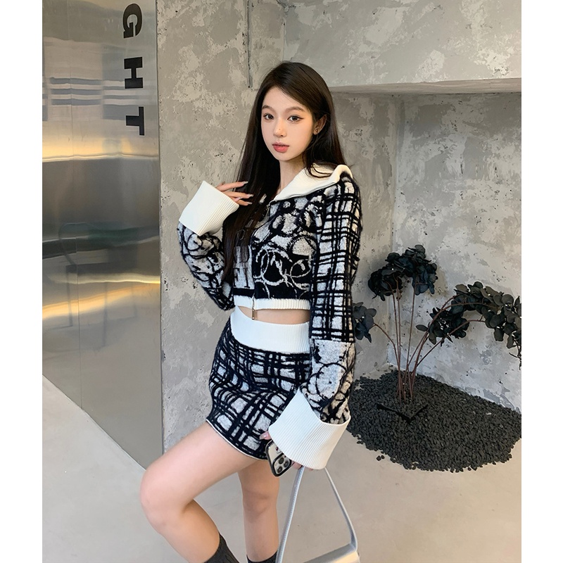 ☇✚Suhao Drama Korea Hot Girl High-End Temperamen Setelan Wanita Musim Gugur 2022 Baru Rajutan Top Tas Hip Rok Dua potong Set