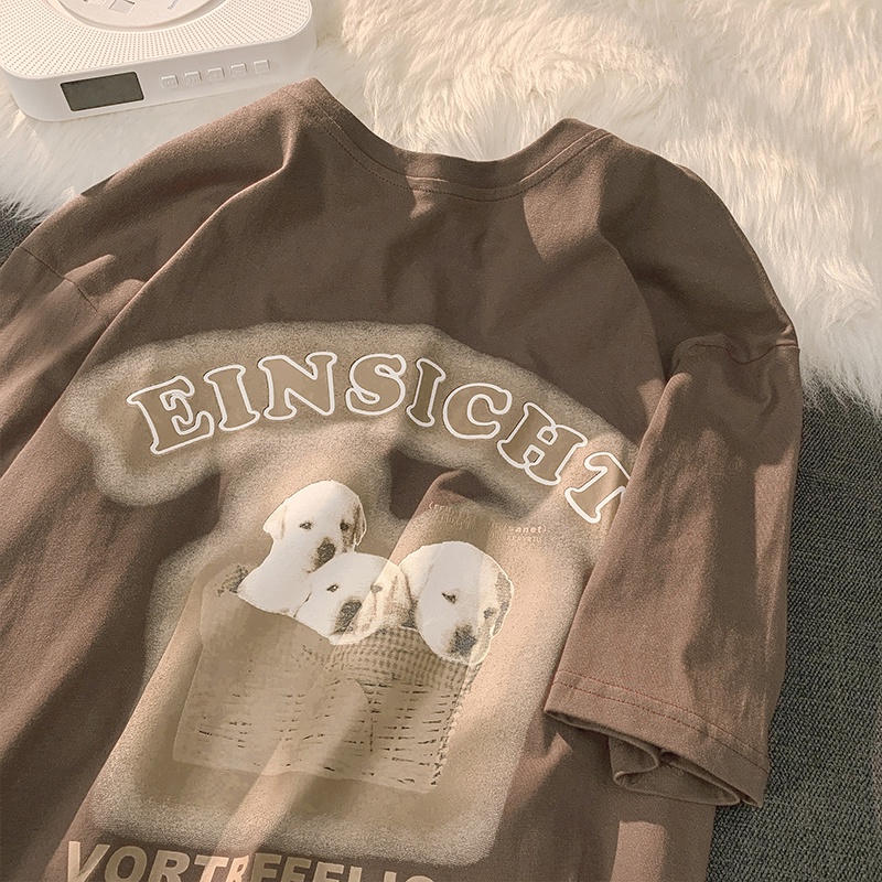 100% Katun Graphic Tee Baju Wanita Dog and Letter Atasan Wanita Oversize Kaos Putih T-shirt Couple Korean Style/Baju coklat