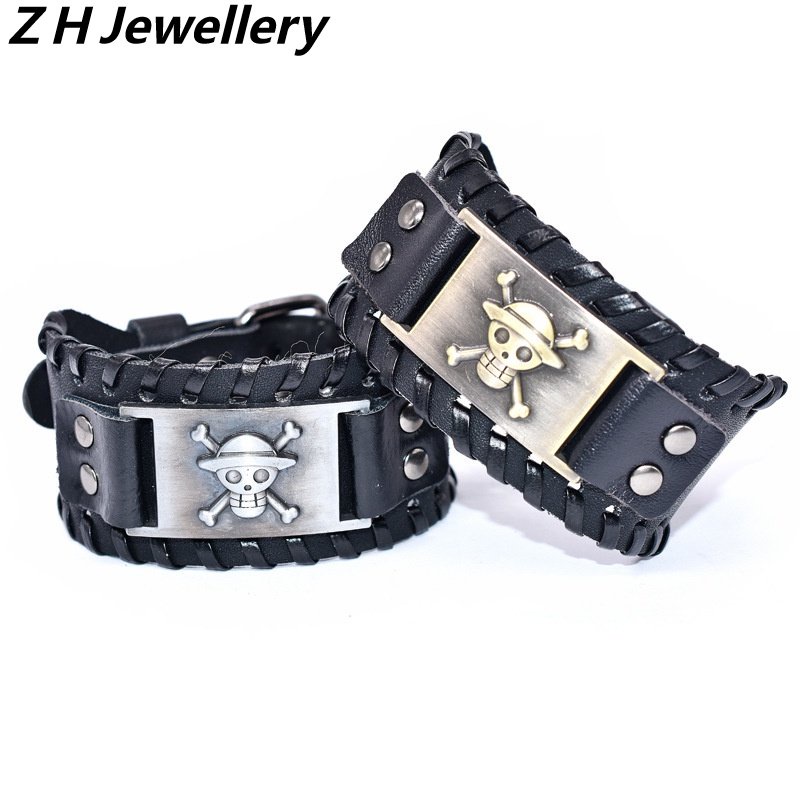 [Z H Perhiasan] Hip Hop Rock Retro Pria Fashion Stainless Steel Kulit Raja Bajak Laut Gelang Pesta Perhiasan Aksesoris