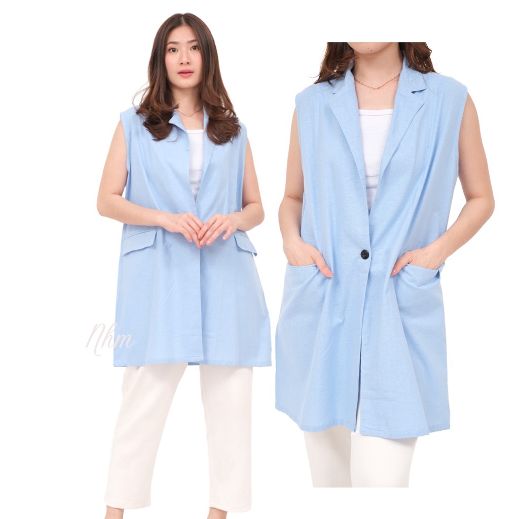 Vest Outwear Wanita, Rompi Cardigan Linen Formal Casual Mixi