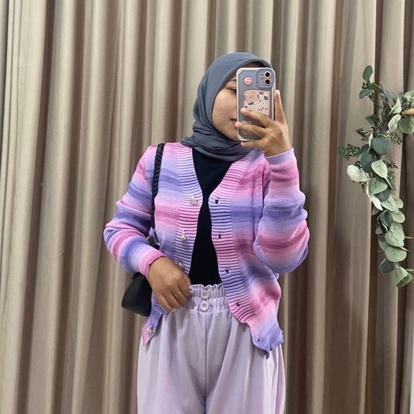 Cardigan Kancing Rajut Wanita Stripe Casual Outer Terbaru