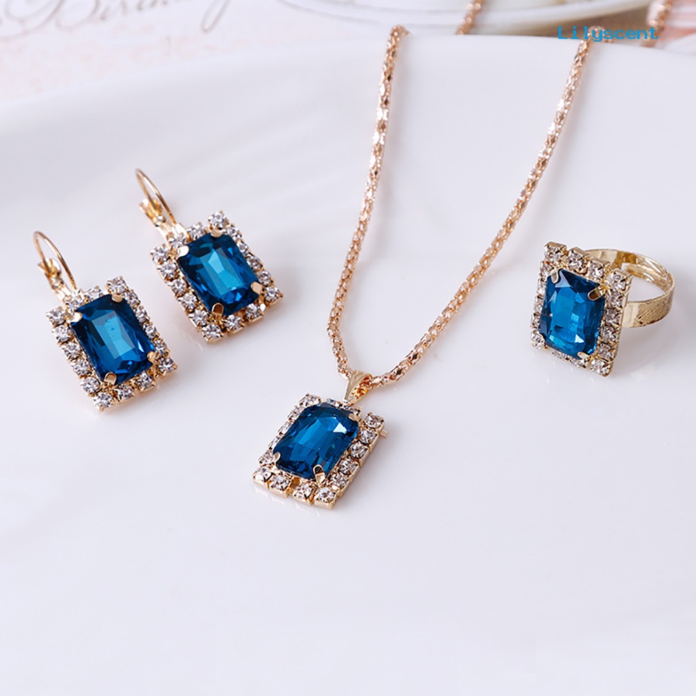 [LS] Set Perhiasan Fashion Wanita Perjamuan Pesta Pernikahan Kalung Anting Cincin Jari