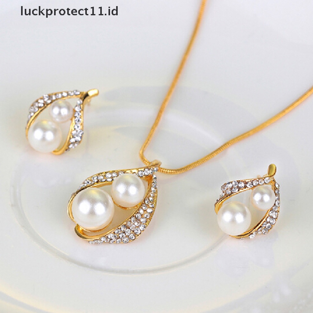 /Fashion Hot// Fashion// Set Perhiasan Pesta Pernikahan Pengantin Kristal Mutiara Kalung Anting Cincin.