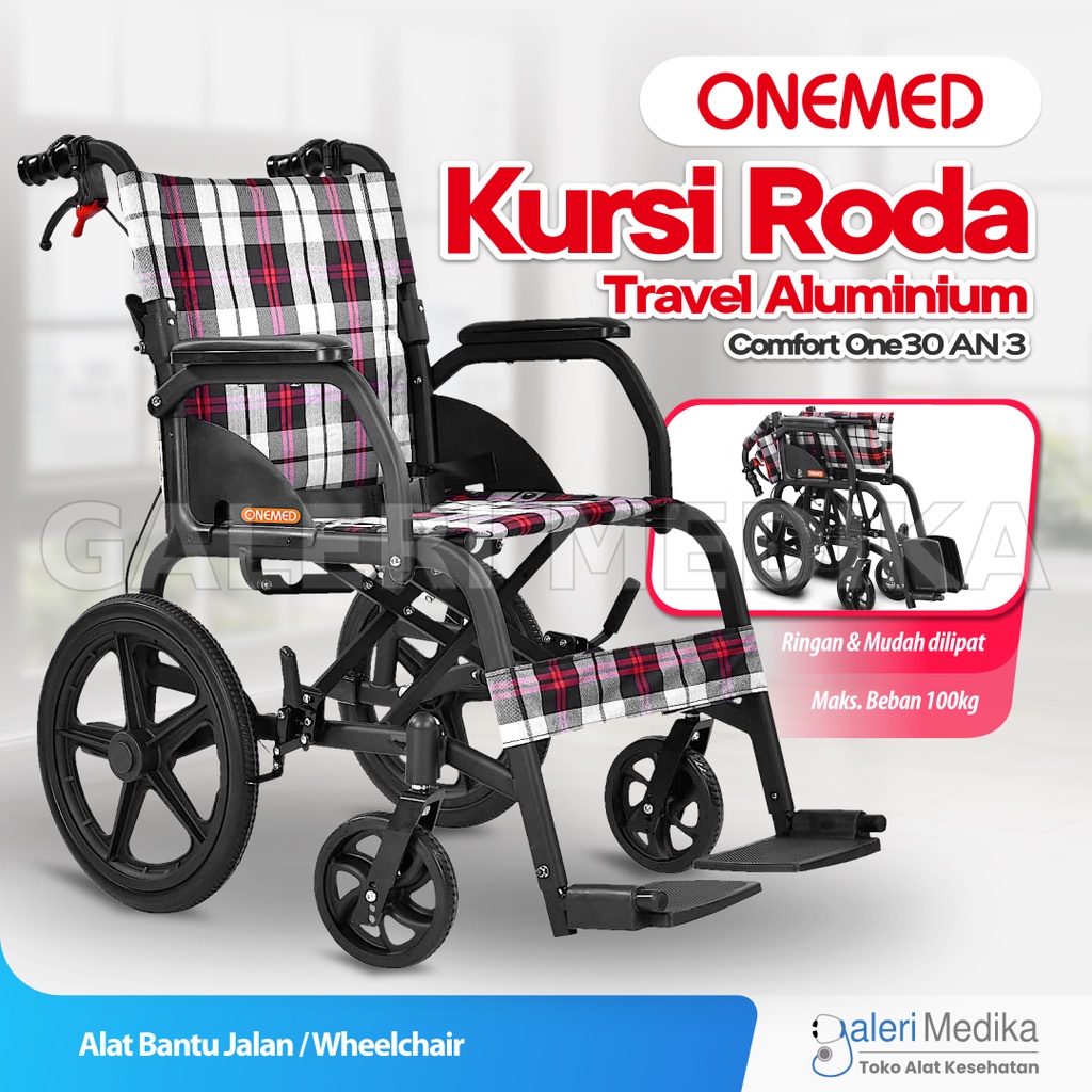 Kursi Roda Travel Onemed Comfort One 30 AN 3 / Aluminium Wheelchair - Praktis Mudah dilipat Masuk Mobil