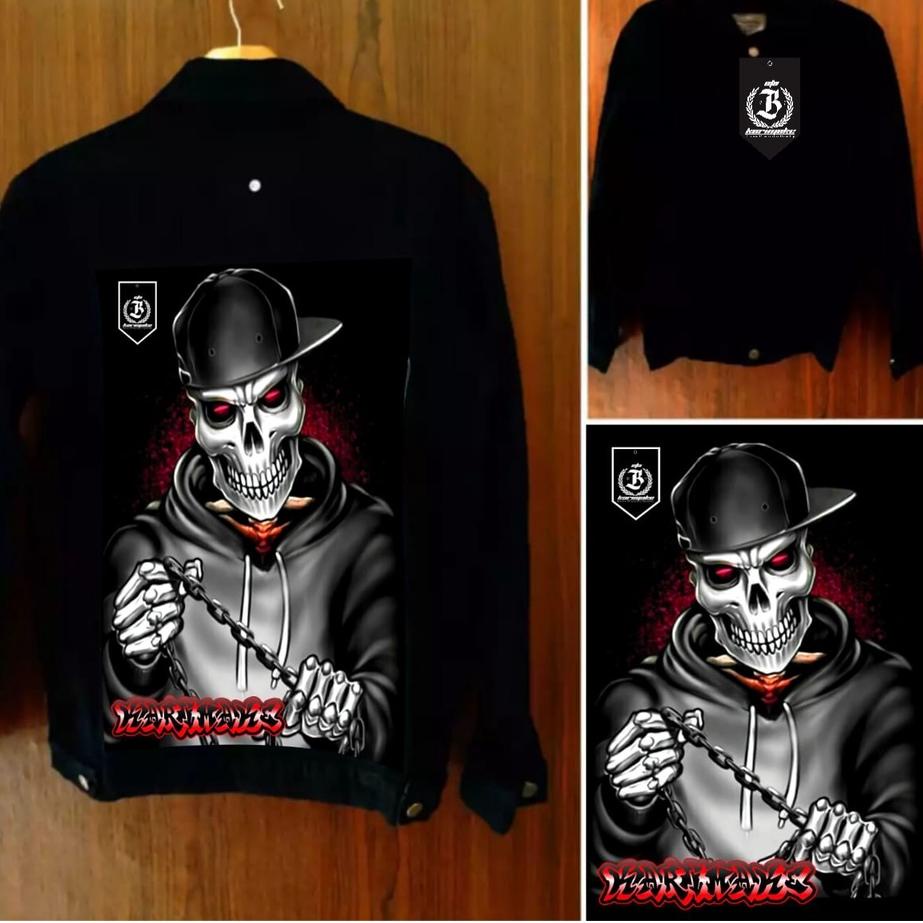 Diskon✔️Eta Karimake jaket jeans hitam pekat gambar belakang tengkorak topi printing 3 dimensi terba