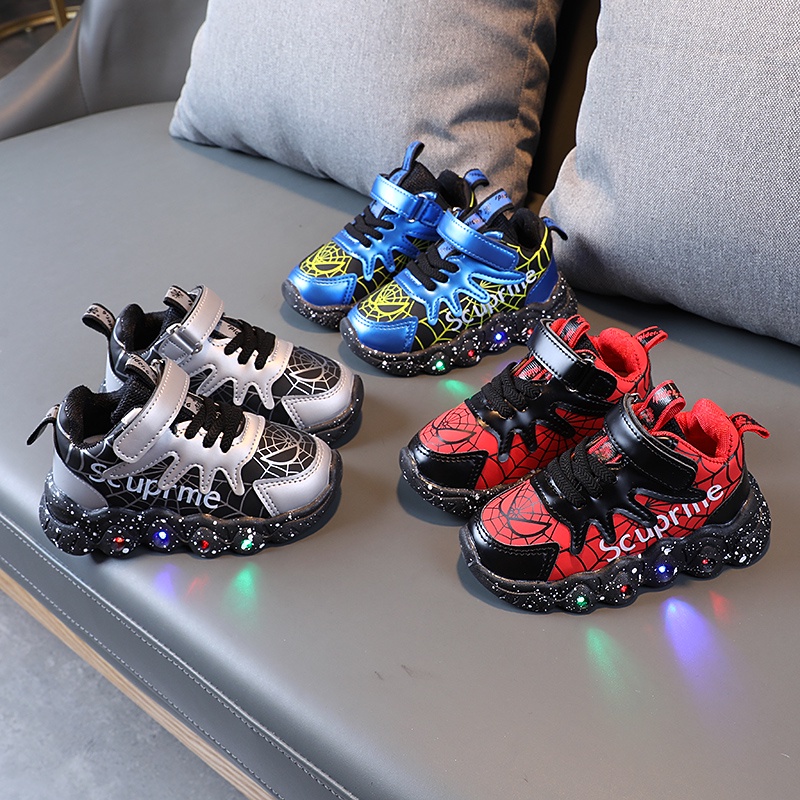 Sepatu Kets Sneakers Sport LED Import Anak Laki-Laki Spider Scuprme/ Sepatu Import Lampu LED Nyala A