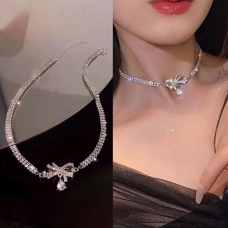 Versi Korea Berlian Imitasi Temperamen Busur Niche Unik Temperamen Sederhana Kalung