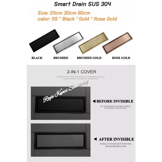 Smart Floor Drain Stainless SUS 304 Hitam Black/Tile Insert Panjang 30 Cm Black/Floor Drain Panjang