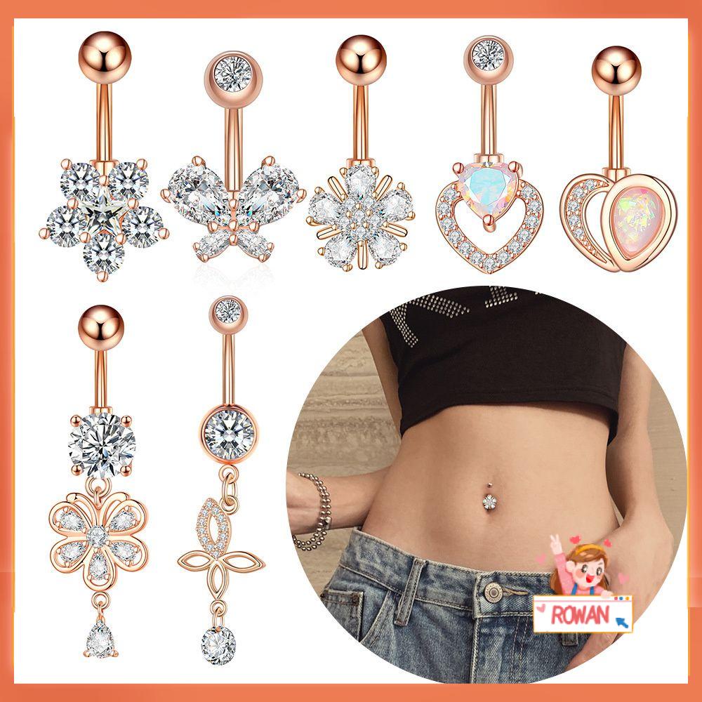 R-flower Belly Button Ring Wanita Surgical Steel Crystal Navel Rings