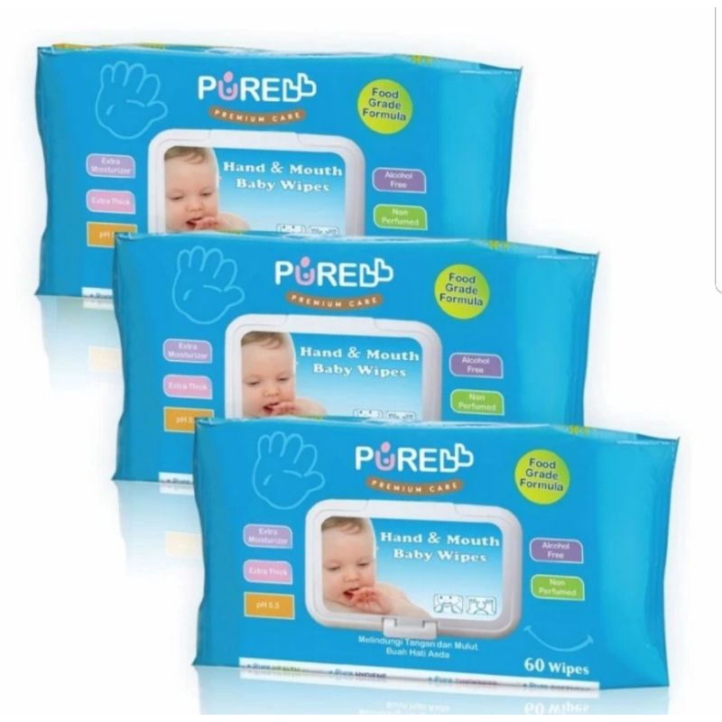 Premium Wipes PureBB Hand &amp; Mouth isi 60 sheets combo buy 2 get 1